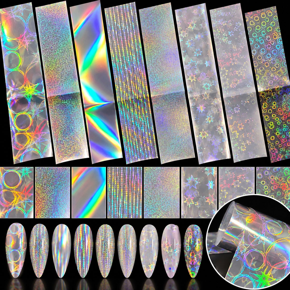 lot de 8 foils holographiques cercles et étoiles pour nail art