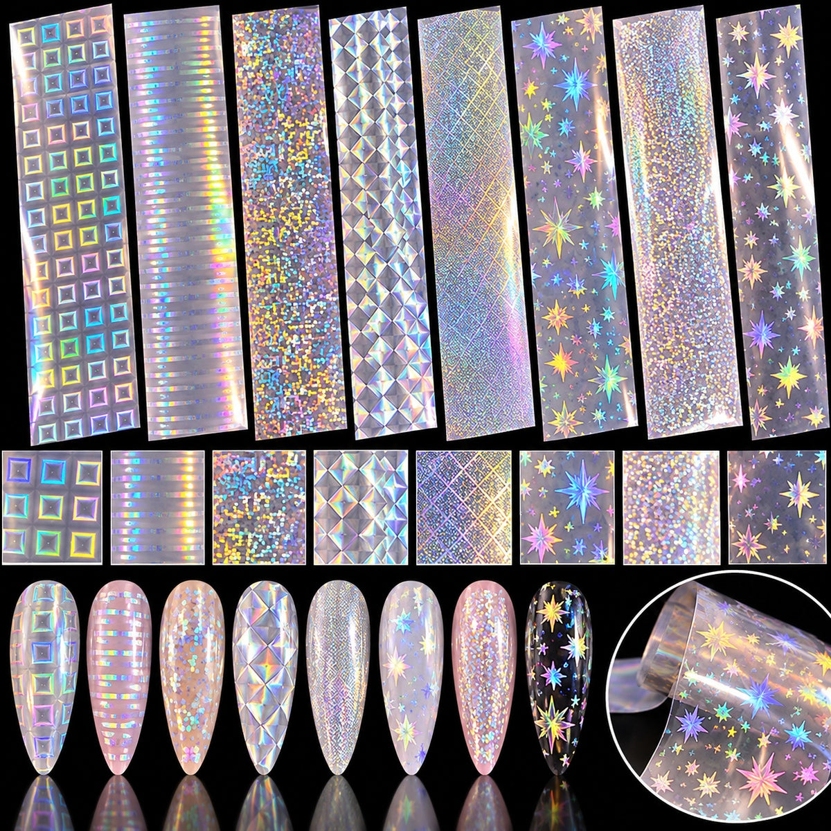 lot de 8 foils holographiques géométriques et étoiles pour nail art