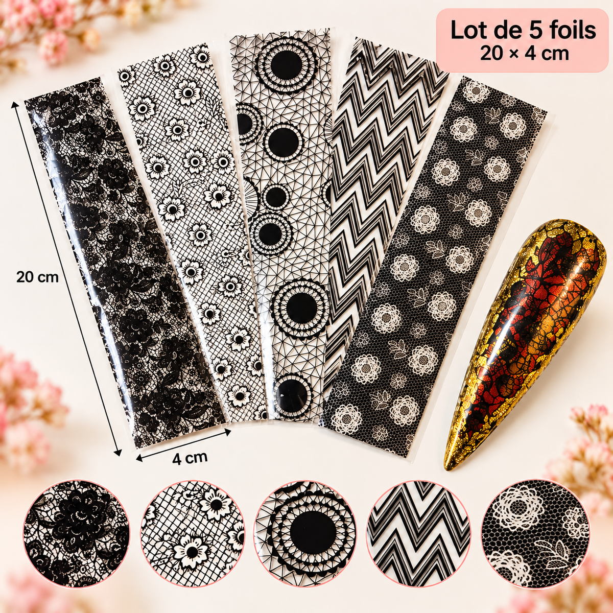 Lot de 5 foils Nail Art – Dentelle noire et motifs graphiques – 20 × 4 cm