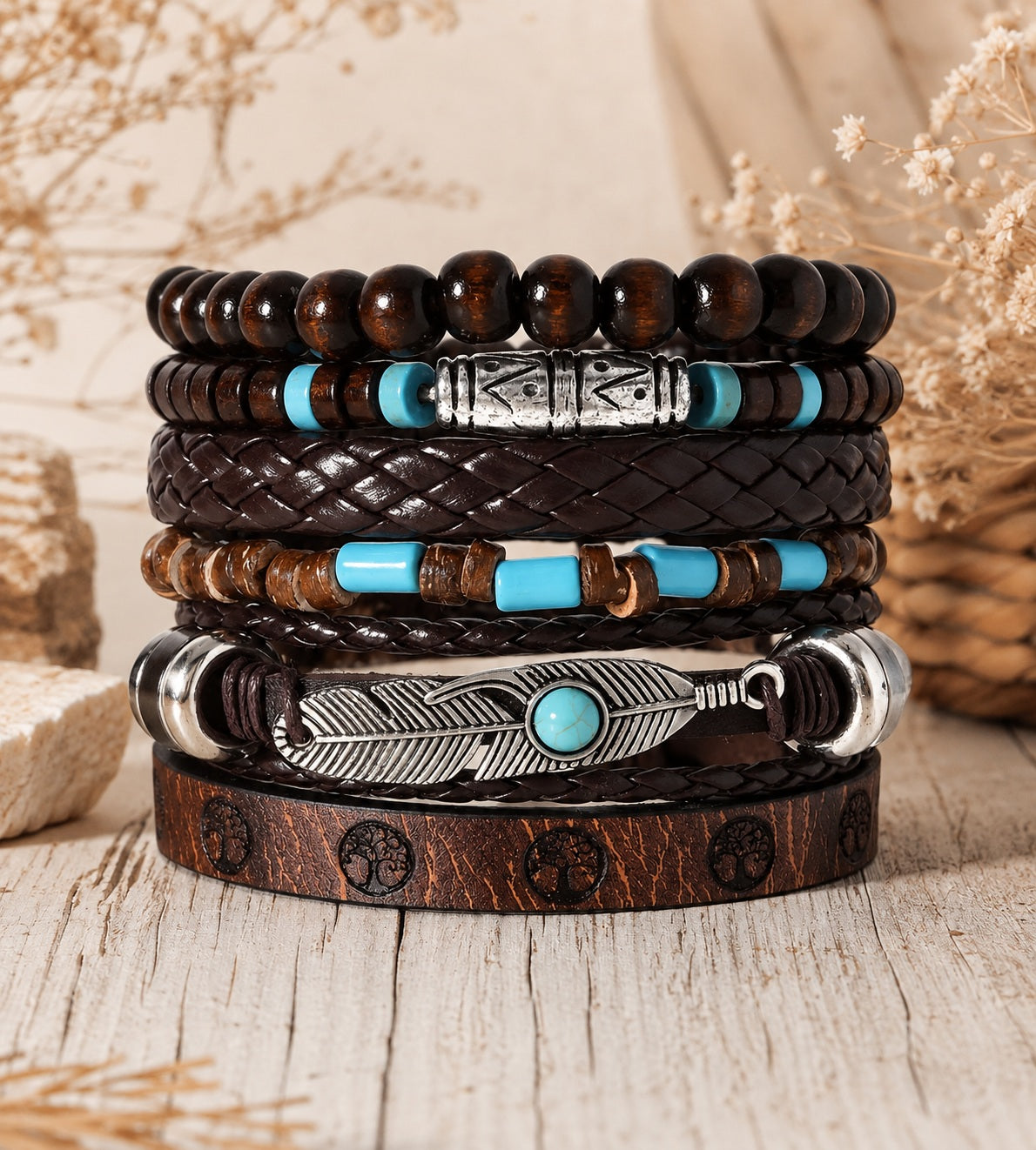 Lot de 6 bracelets bohème – Marron & turquoise – Modèle 3