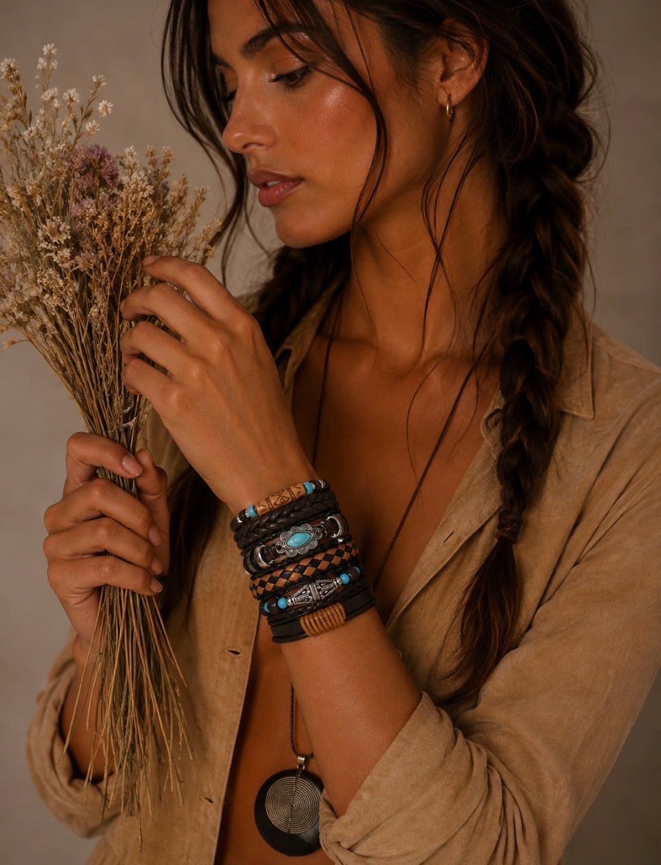Lot de 6 bracelets bohème – Marron & turquoise – Modèle 4