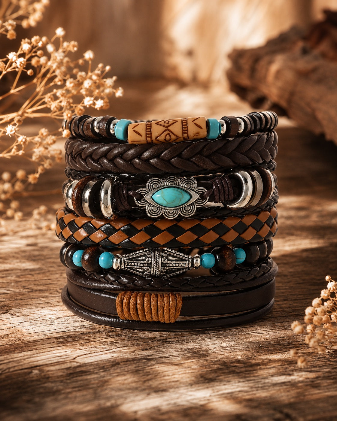 Lot de 6 bracelets bohème – Marron & turquoise – Modèle 4