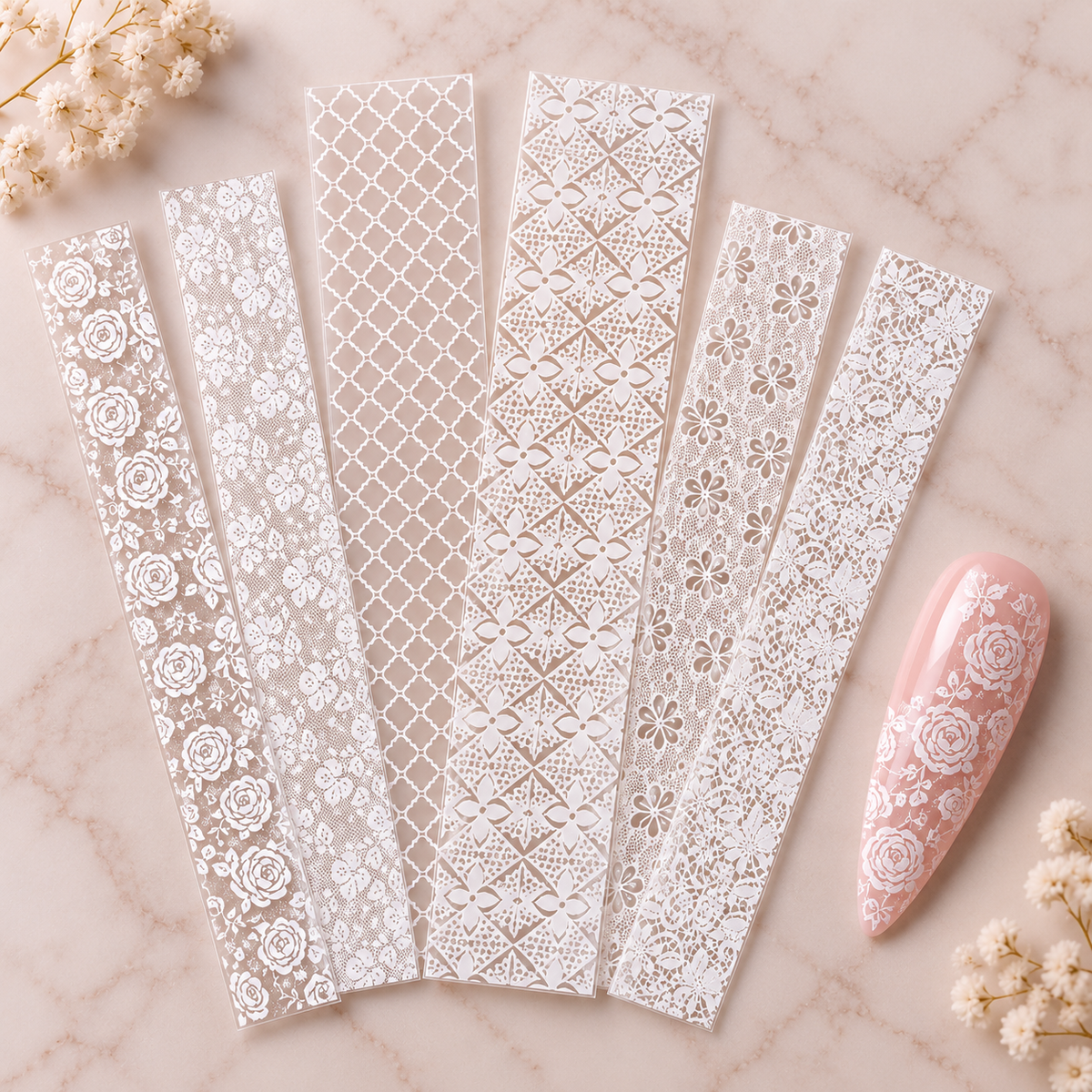 Foils Nail Art – Dentelle blanche et fleurs – Lot de 6