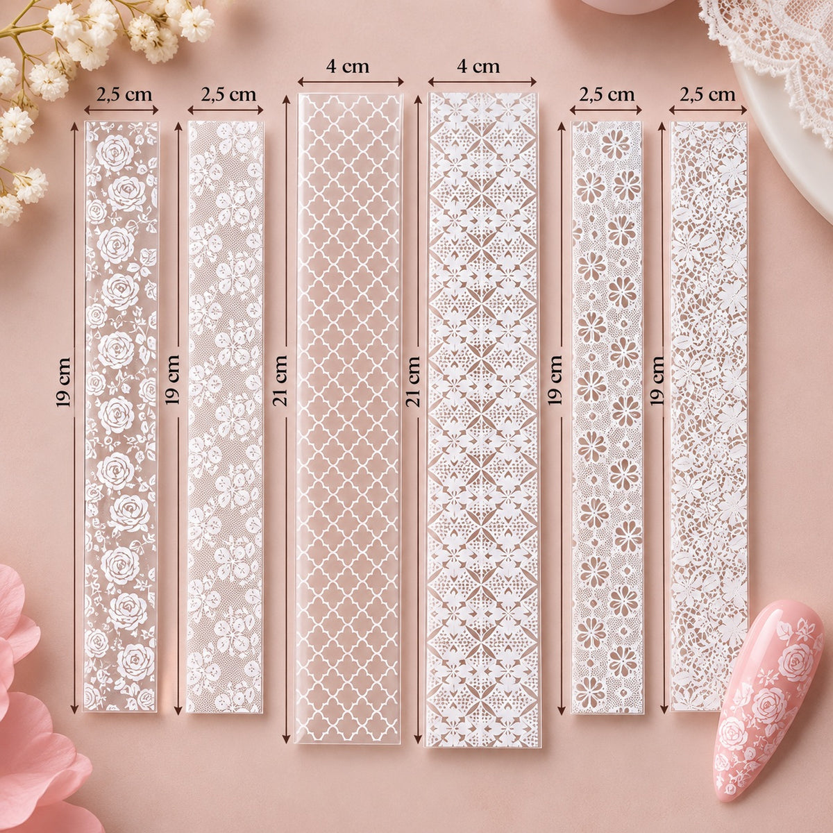 Foils Nail Art – Dentelle blanche et fleurs – Lot de 6