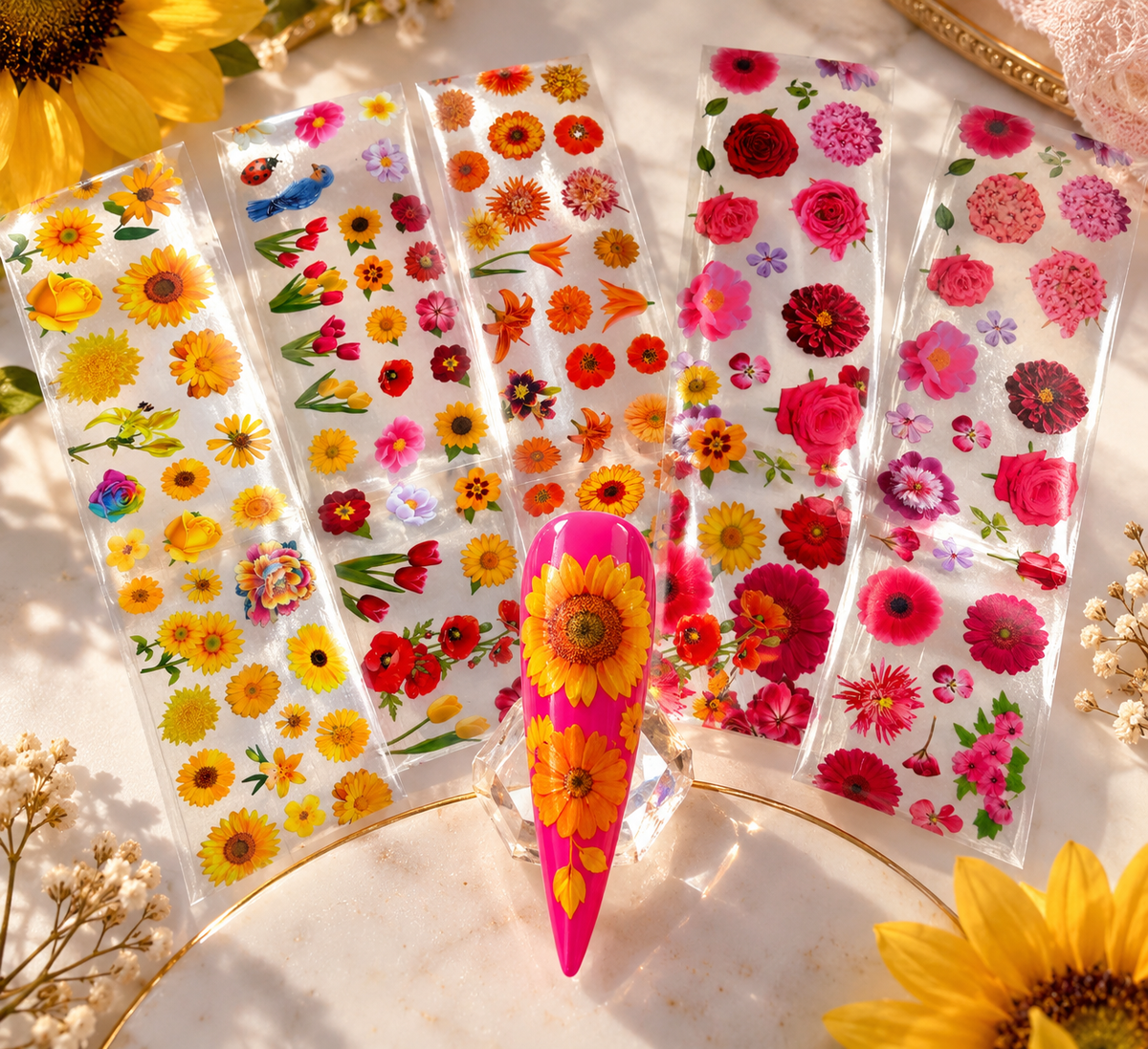 lot de 5 foils fleurs jaunes, orange et rouges pour nail art