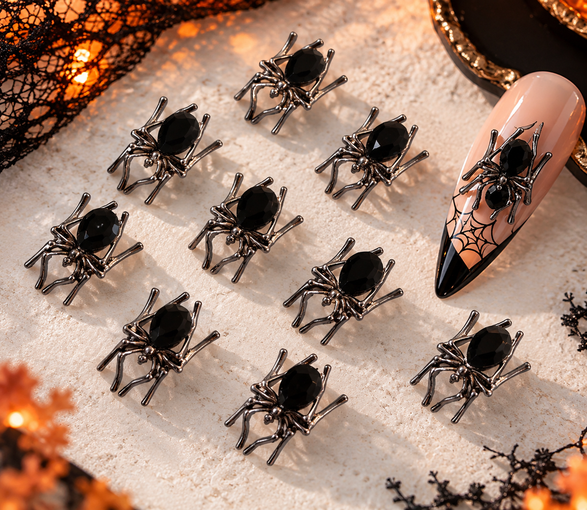 Lot de 10 araignées 3D noires et argentées – Nail Art & loisirs créatifs