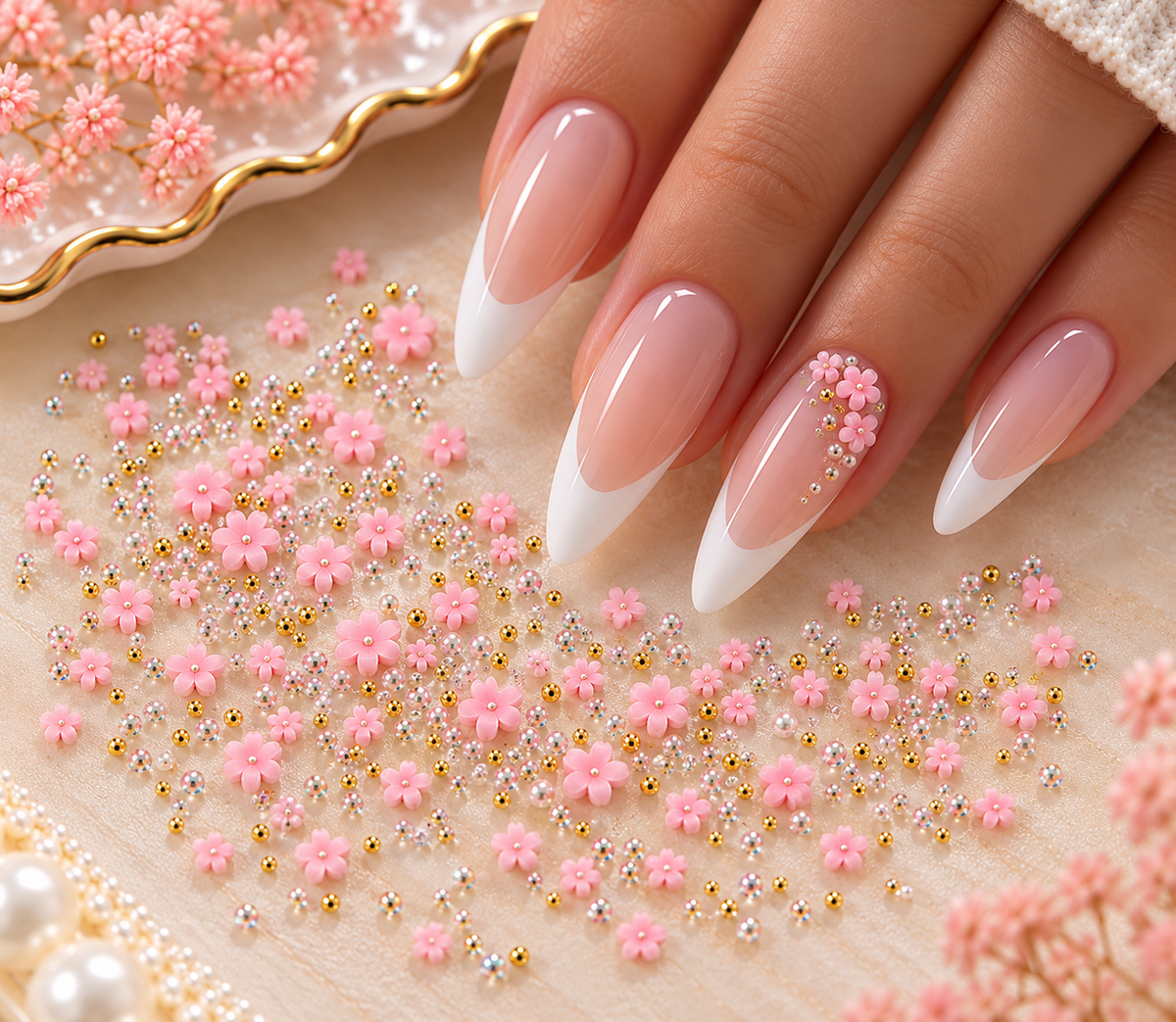 Mini fleurs roses 3 et 5 mm et perles Nail Art – Assortiment 3D