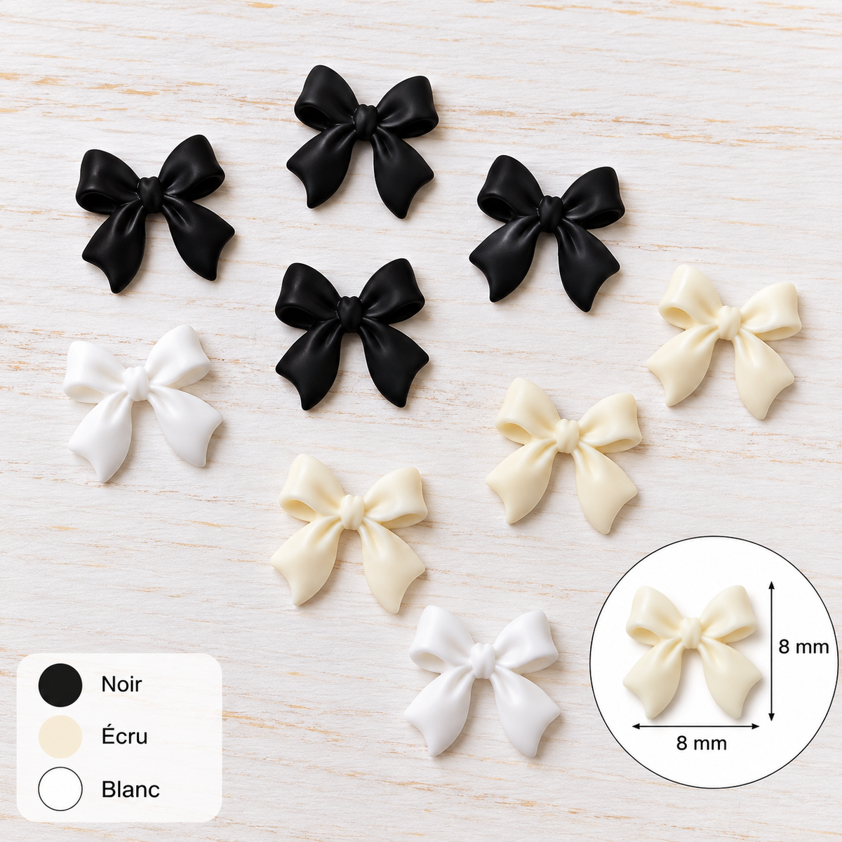 Bijoux d'ongles 3D – Nœuds noirs, écrus et blancs – Lot de 10