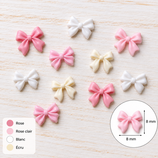Bijoux d’ongles 3D – Nœuds roses, blancs et écrus – Lot de 10