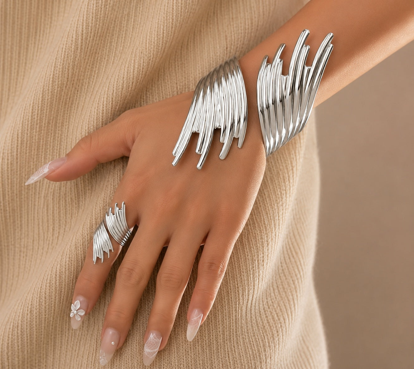 Parure Éclipse – Bracelet manchette & bague ajustable – Argentée