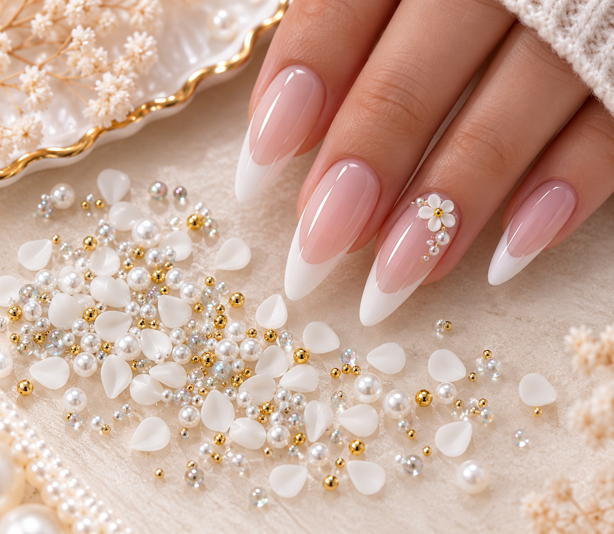Assortiment Nail Art – Pétales blancs 3 mm et perles nacrées et dorées