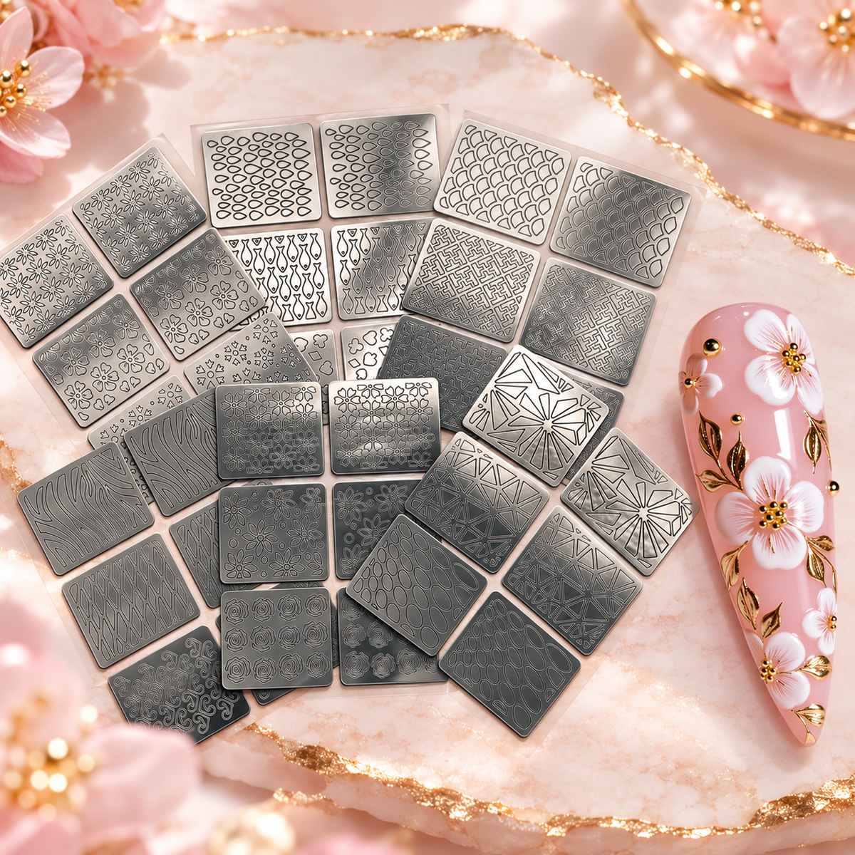 Pochoirs Nail Art – Motifs floraux & graphiques – Lot de 6