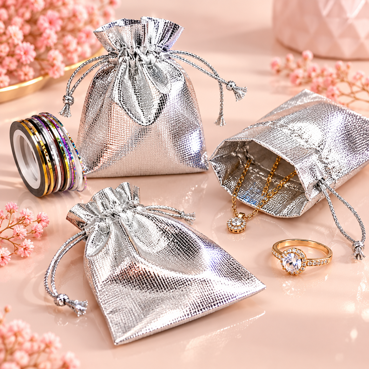 Lot de 5 pochettes cadeaux argentées métallisées – Bijoux et accessoires – 7 × 9 cm