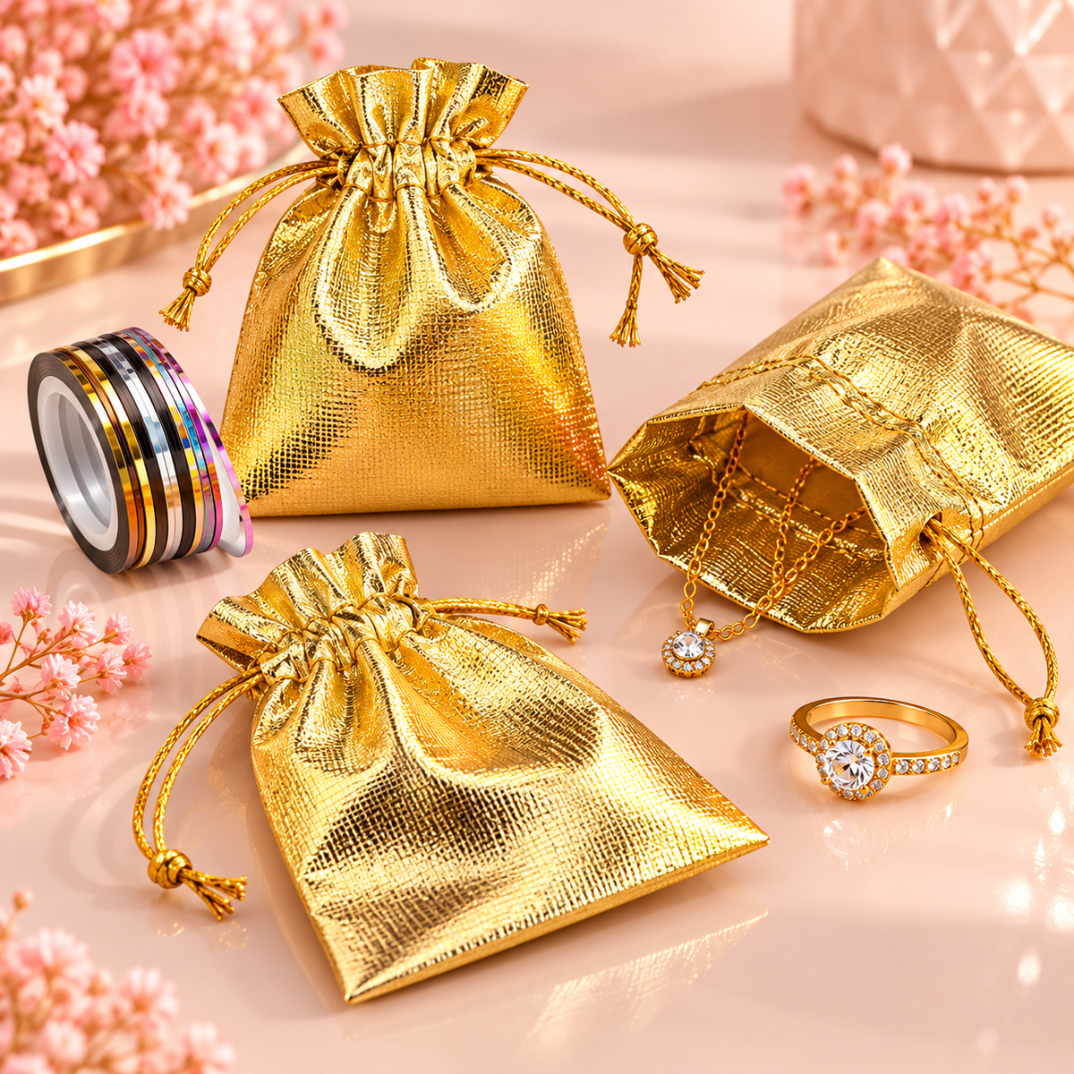 Lot de 5 pochettes cadeaux dorées métallisées – Bijoux et accessoires – 7 × 9 cm