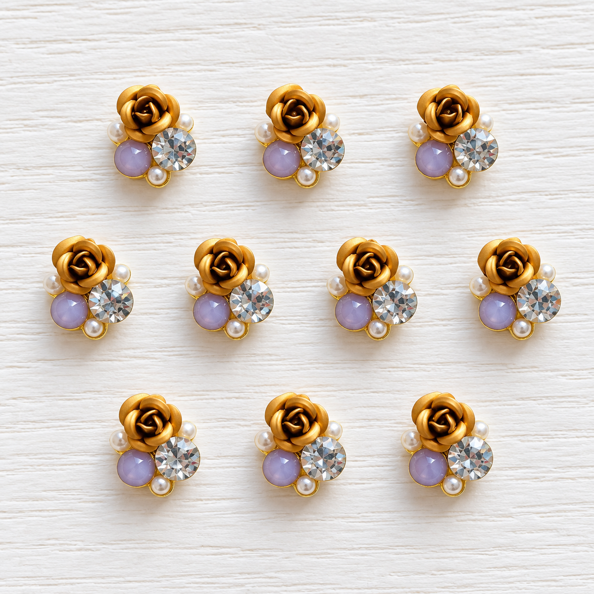 Roses 3D mordorées avec strass et perles – Lot de 10