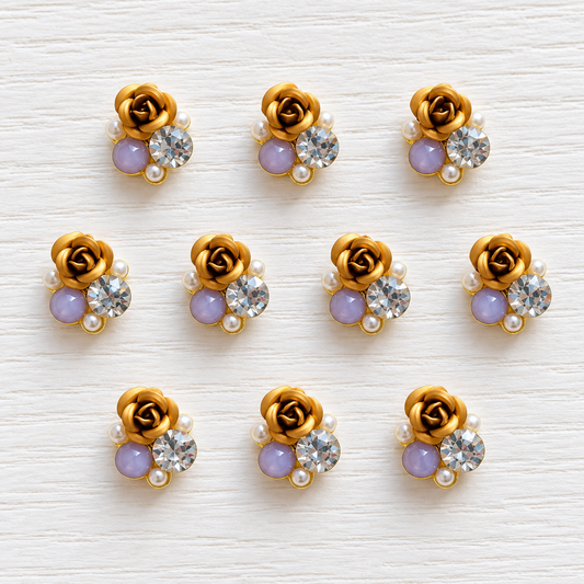 Roses 3D mordorées avec strass et perles – Lot de 10