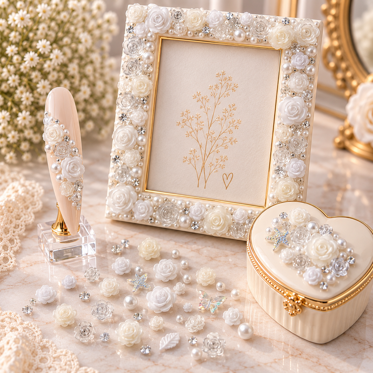 Assortiment de roses blanches et transparentes 3D – Nail Art et décoration
