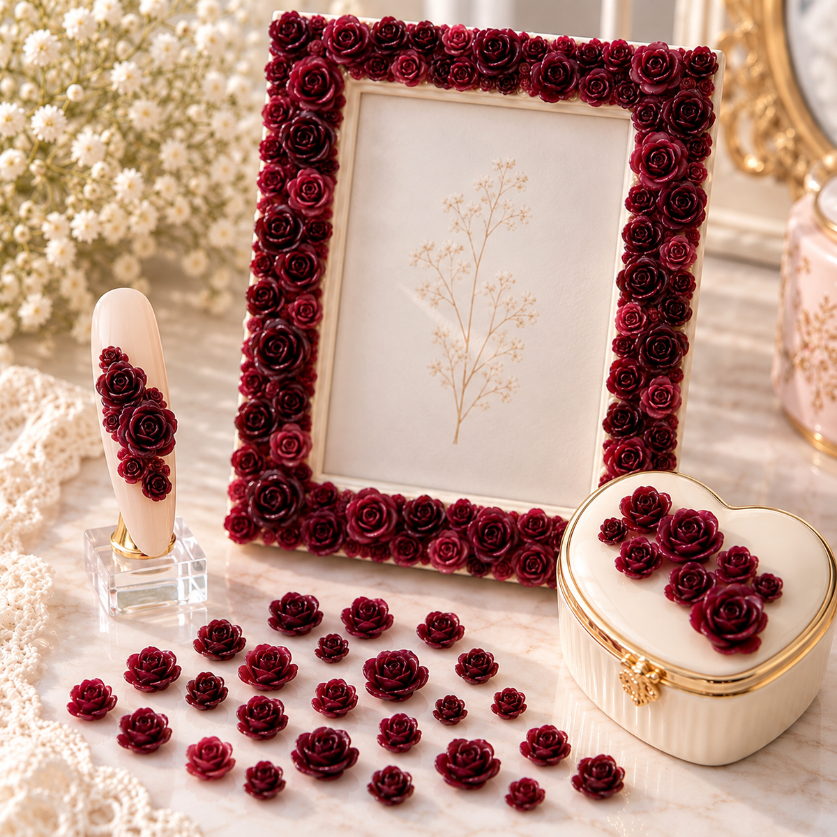 Petites roses bordeaux et feuilles 3D – Nail Art et décoration