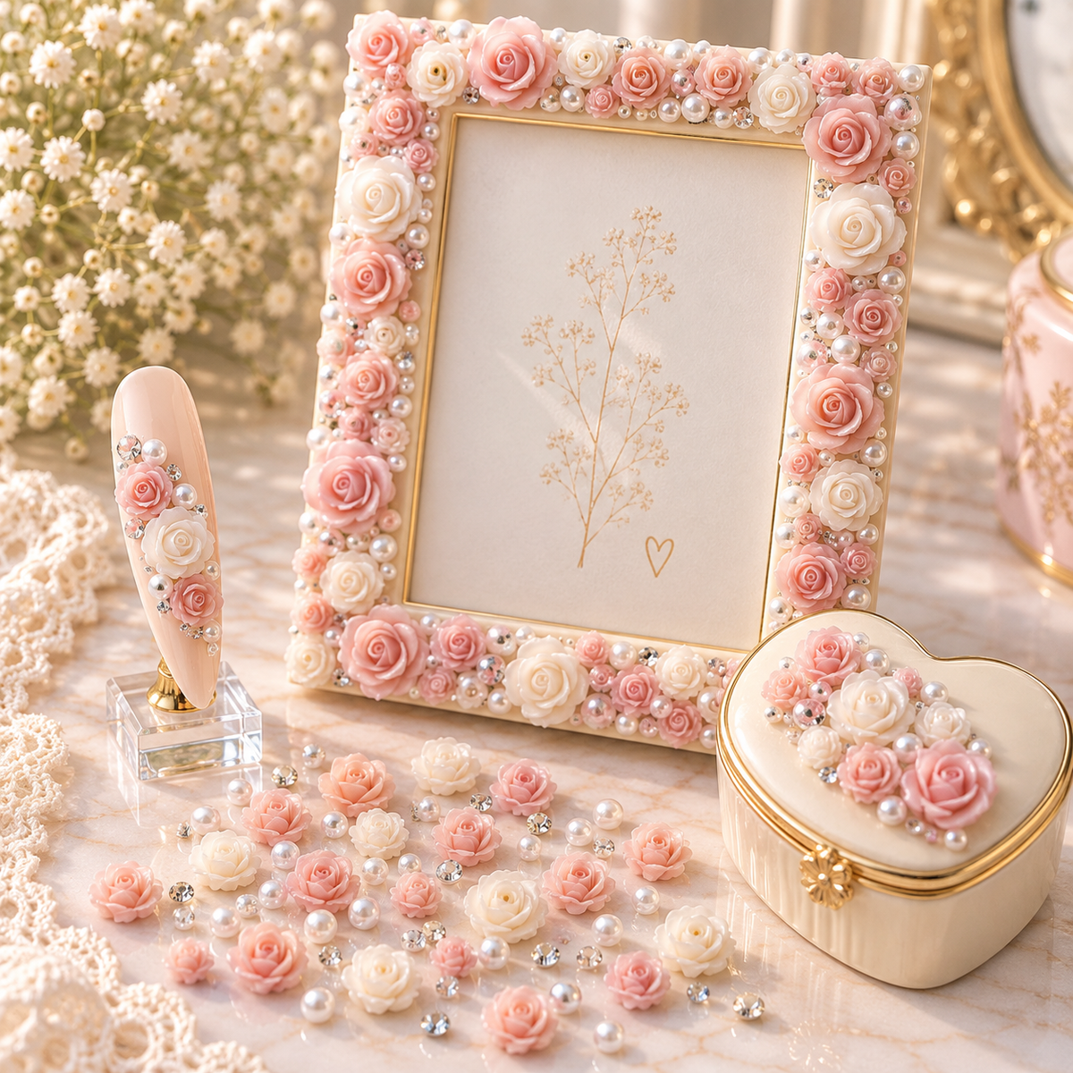 Décorations Nail Art 3D – Roses rose poudré, perles et strass