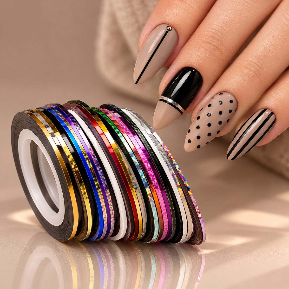 Rubans adhésifs Nail Art 1 mm – Couleurs assorties – Lot de 10