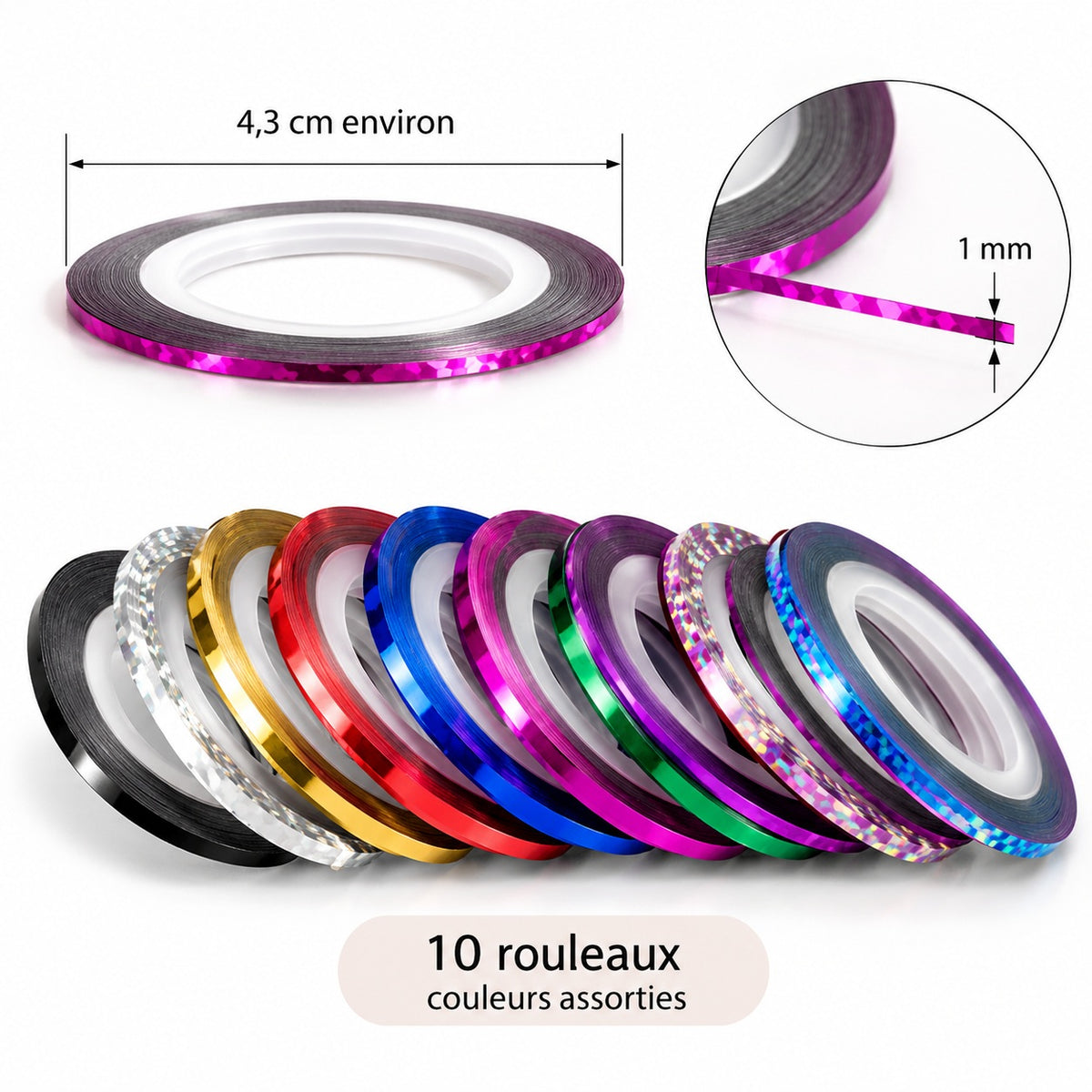 Rubans adhésifs Nail Art 1 mm – Couleurs assorties – Lot de 10