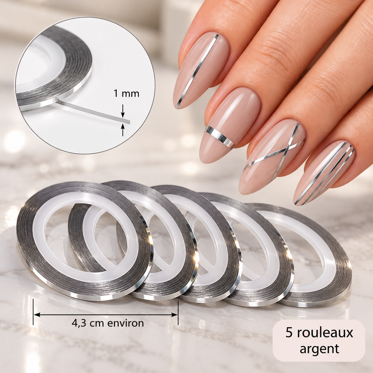 Rubans adhésifs Nail Art 1 mm – Argentés – Lot de 5