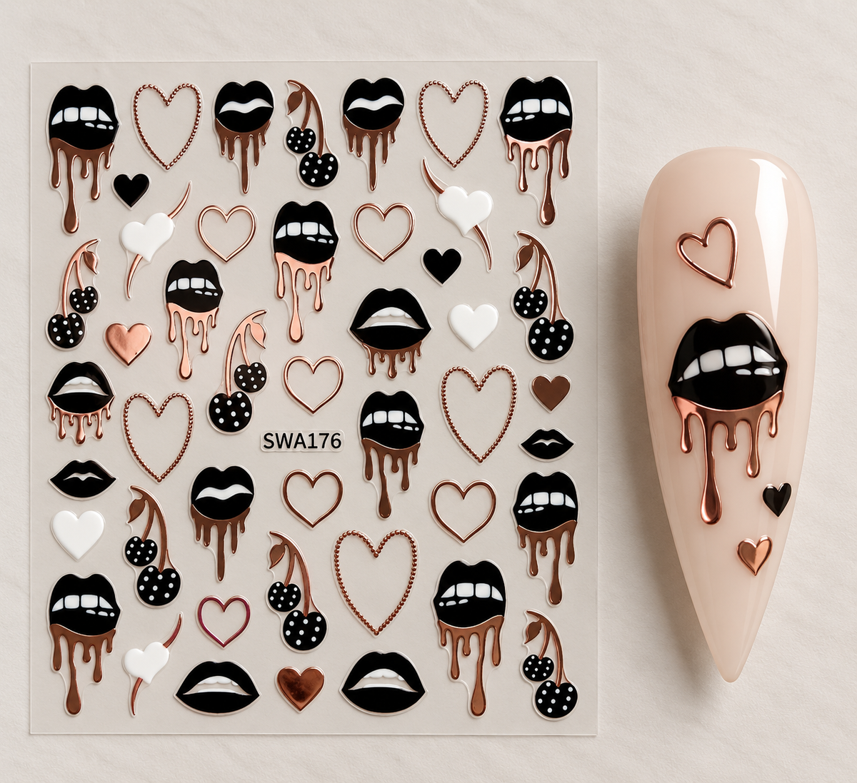 Stickers pour ongles bouches, cœurs et cerises cuivre – Nail Art