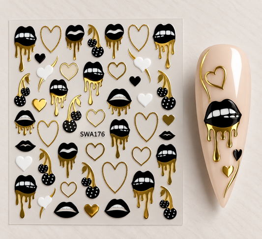 Stickers pour ongles bouches, cœurs et cerises dorés – Nail Art