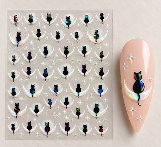 Stickers pour ongles – Chats noirs & lunes irisées