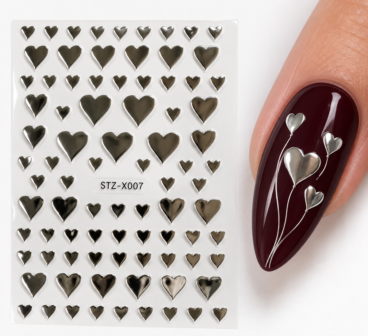 Stickers pour ongles – Cœurs argentés effet miroir