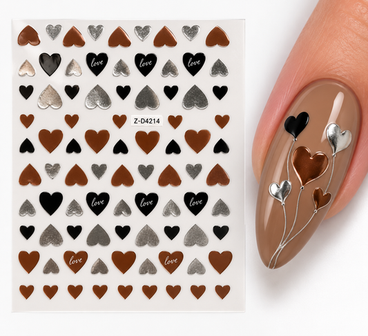 Stickers pour ongles – Cœurs noir, cuivré et argenté