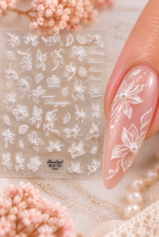 Stickers pour ongles – Fleurs blanches avec perles en relief