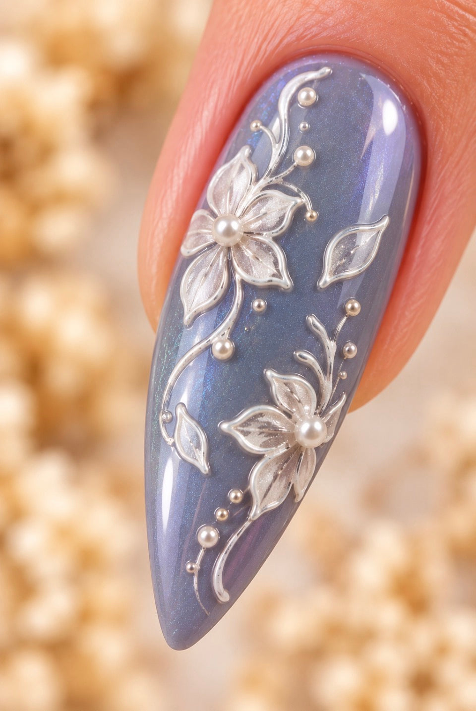 Stickers pour ongles – Fleurs blanches avec perles en relief