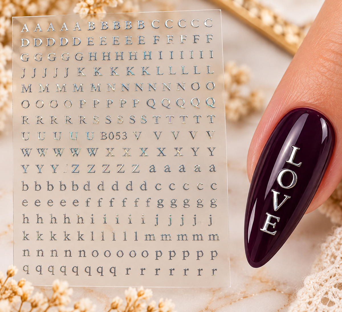 Stickers pour ongles – Lettres argentées alphabet