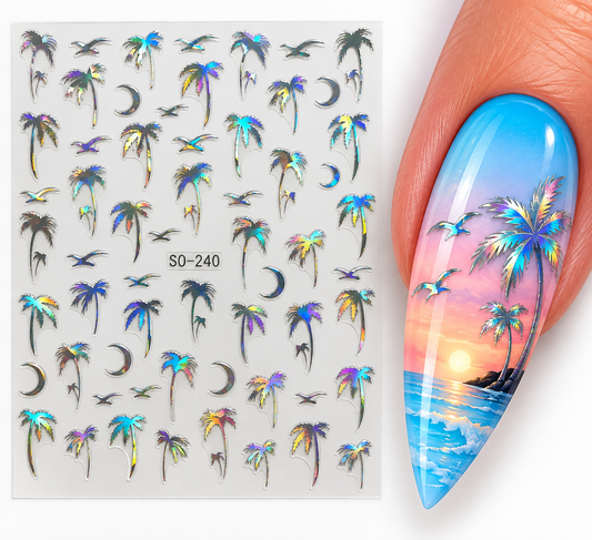 Stickers pour ongles – Palmiers argent holographique, oiseaux et lunes
