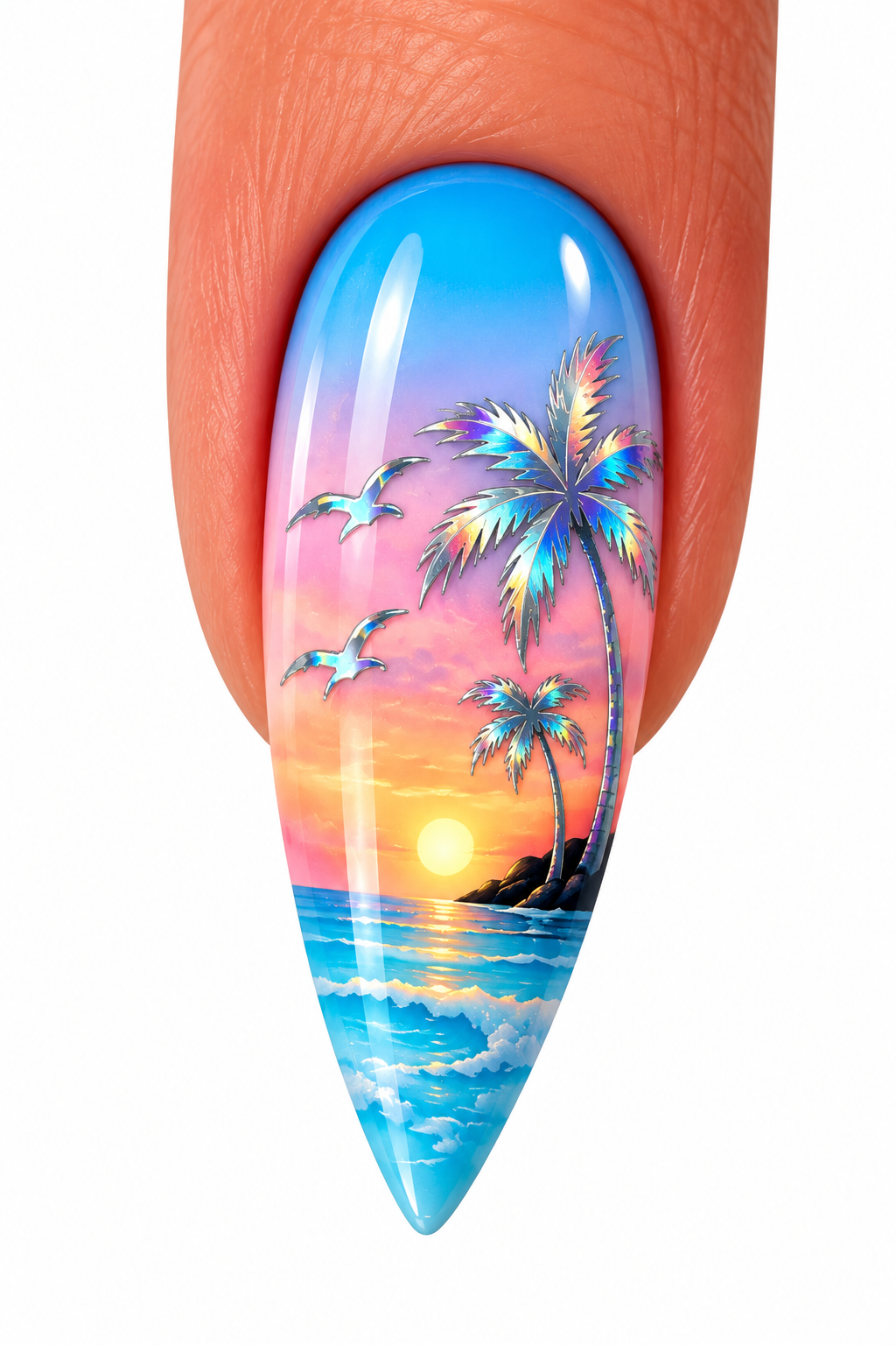 Stickers pour ongles – Palmiers argent holographique, oiseaux et lunes