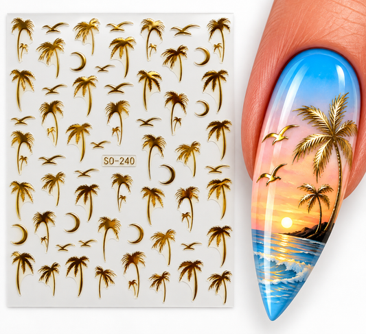 Stickers pour ongles – Palmiers dorés, oiseaux et lunes