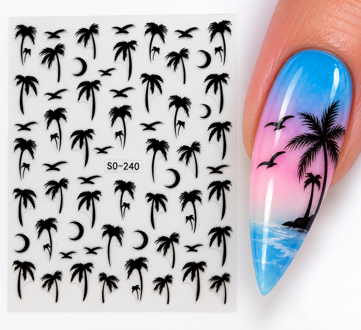 Stickers pour ongles – Palmiers, oiseaux et lunes noirs
