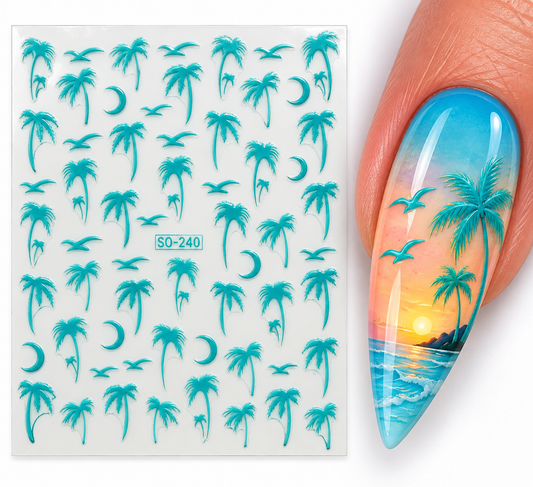 Stickers pour ongles – Palmiers turquoise, oiseaux et lunes
