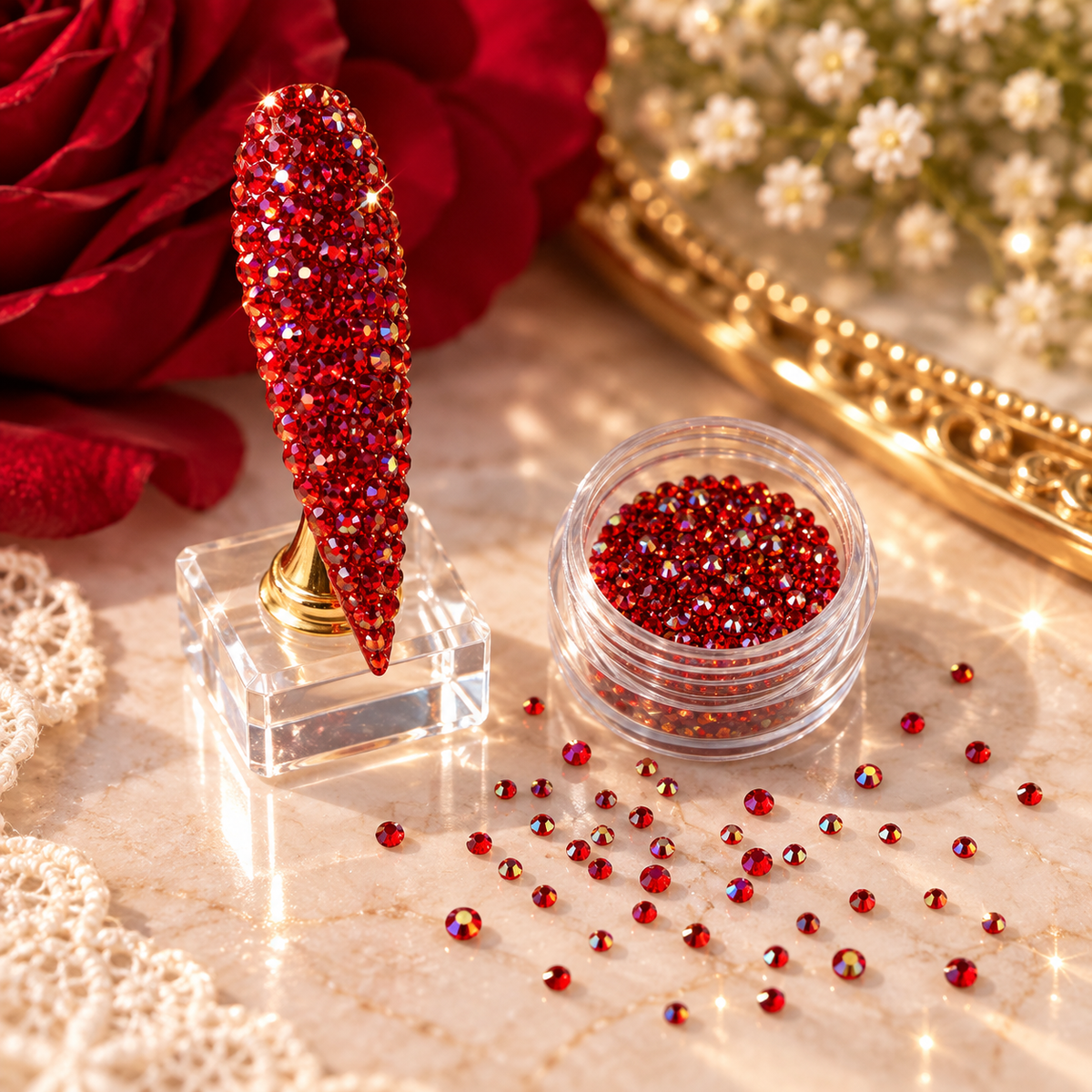 Petits strass rouges pour Nail Art – Reflets irisés