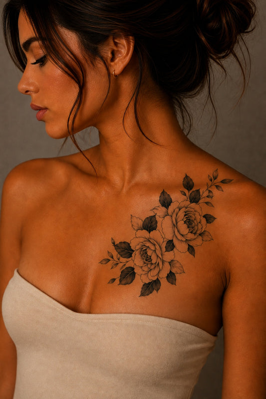 Grand tatouage éphémère floral – Fleurs & Feuillages