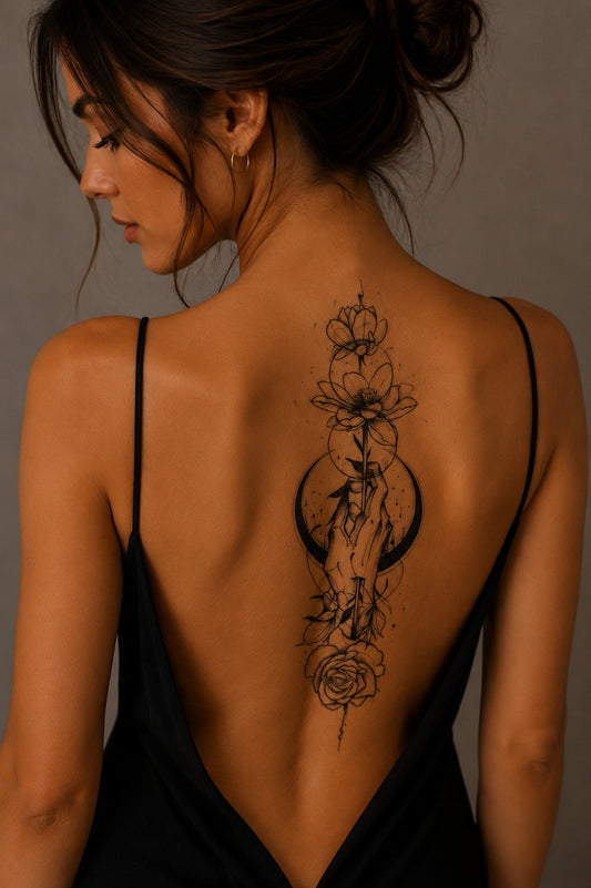 Grand tatouage éphémère floral – Main, Lune & Fleurs
