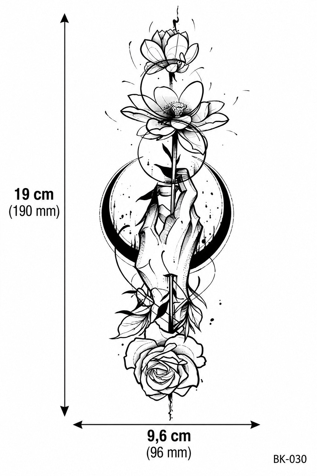 Grand tatouage éphémère floral – Main, Lune & Fleurs