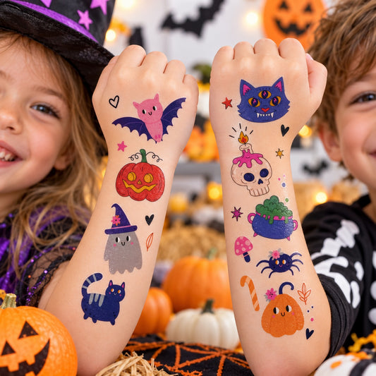 Tatouages éphémères Halloween 01-02 – Lot 2 planches – Citrouilles Chats Fantômes