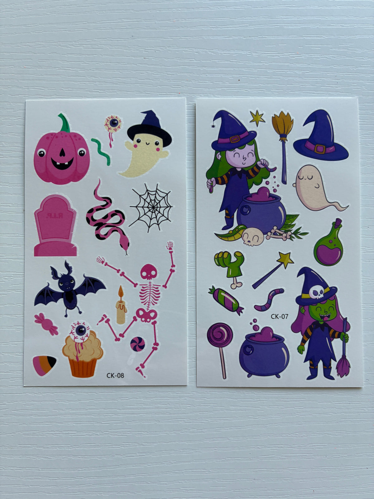 Tatouages éphémères Halloween 07-08 – Lot 2 planches – Sorcière Fantôme Squelette