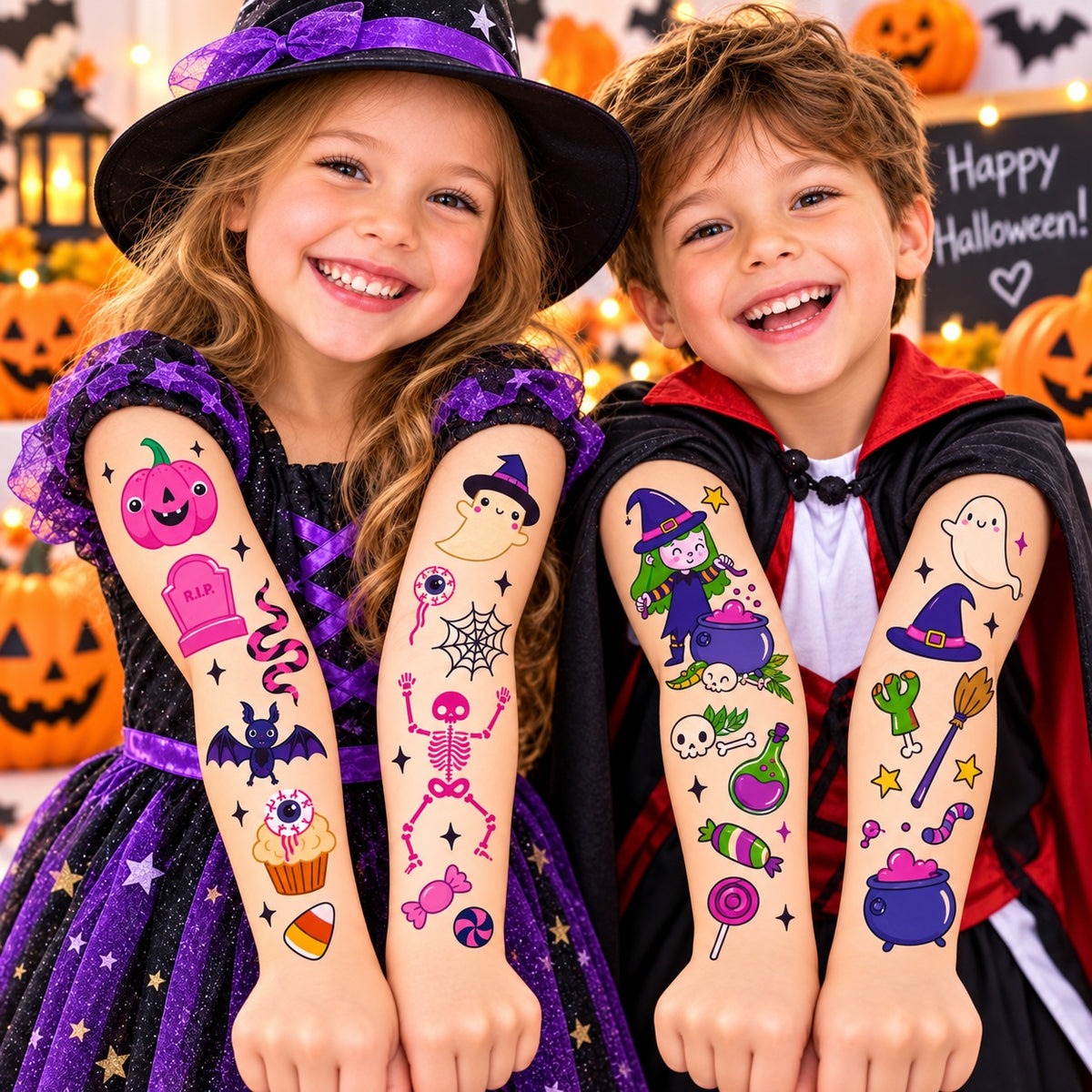 Tatouages éphémères Halloween 07-08 – Lot 2 planches – Sorcière Fantôme Squelette
