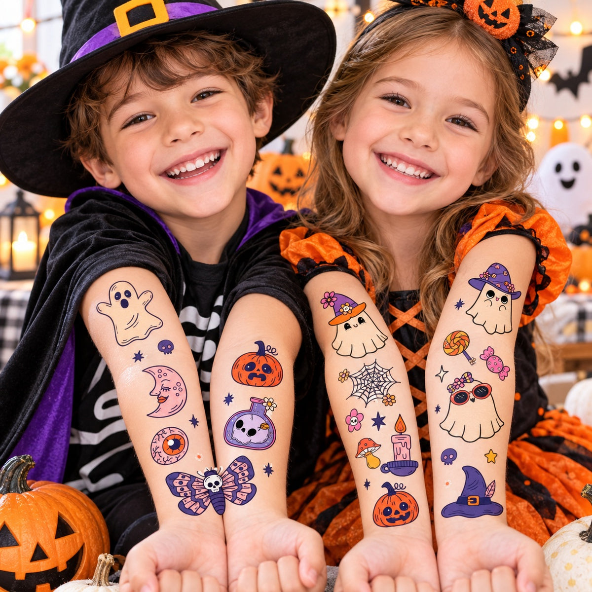 Tatouages éphémères Halloween 09-10 – Lot 2 planches – Fantômes Citrouilles Sorcière