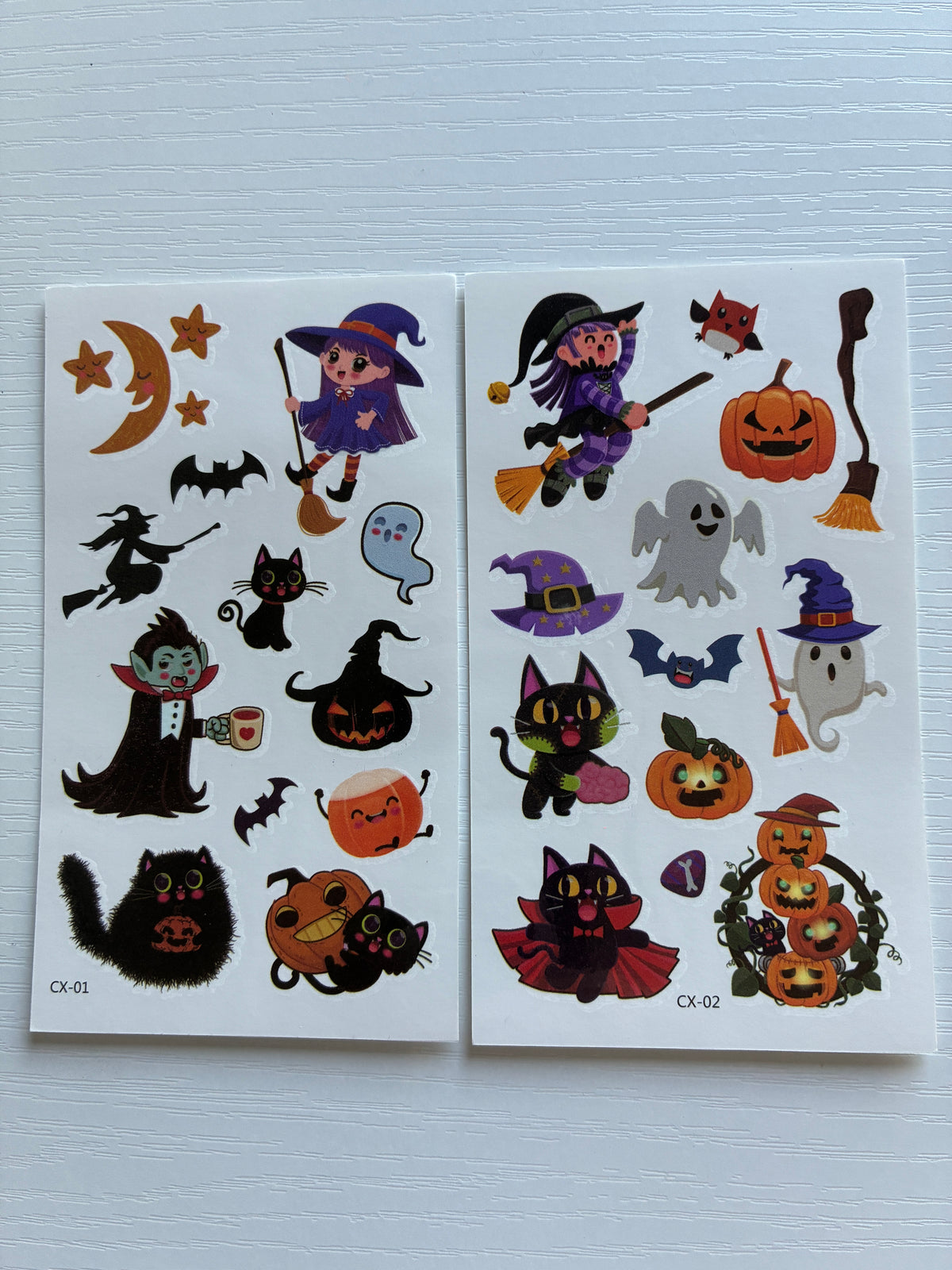 Tatouages éphémères Halloween CX 01-02 – Lot 2 planches – Sorcières Chats Fantômes