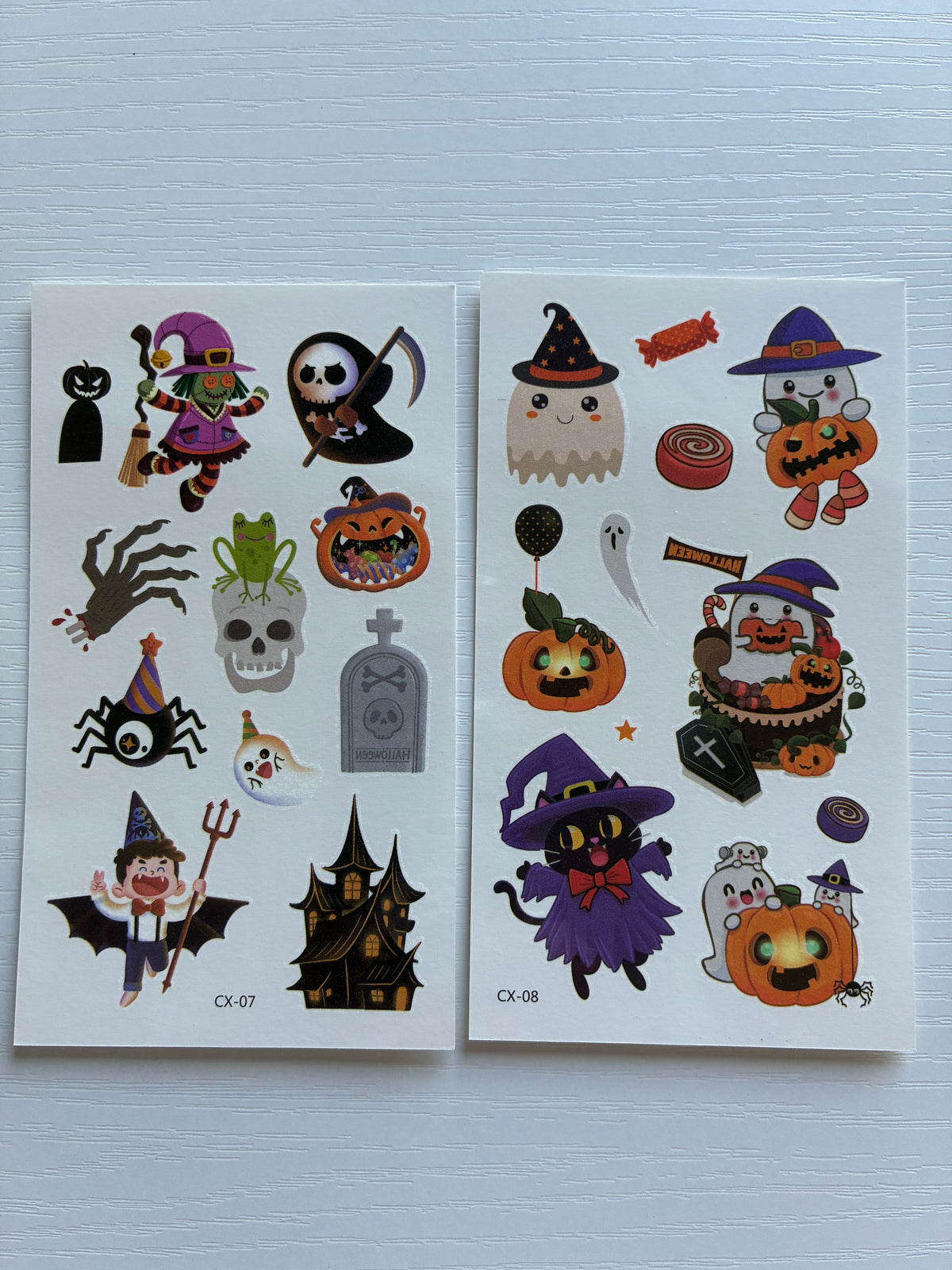 Tatouages éphémères Halloween CX 07-08 – Lot 2 planches – Fantômes Citrouilles Sorcières