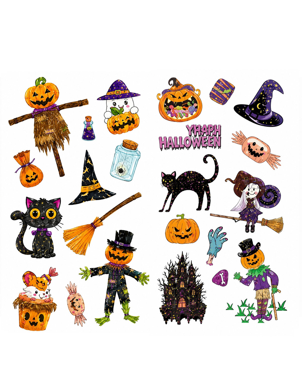 Tatouages éphémères Halloween CX 03-04 – Lot 2 planches – Citrouilles Sorcières Chats